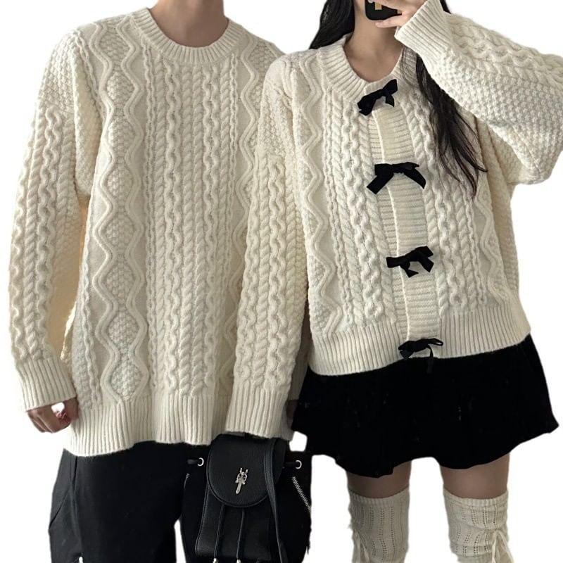 Couple Matching Round Neck Plain Cable Knit Sweater / Bow Cardigan Product Image