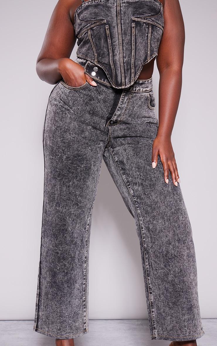 Plus Grey Acid Wash Belt Detail Wide Leg Jeans Product Image