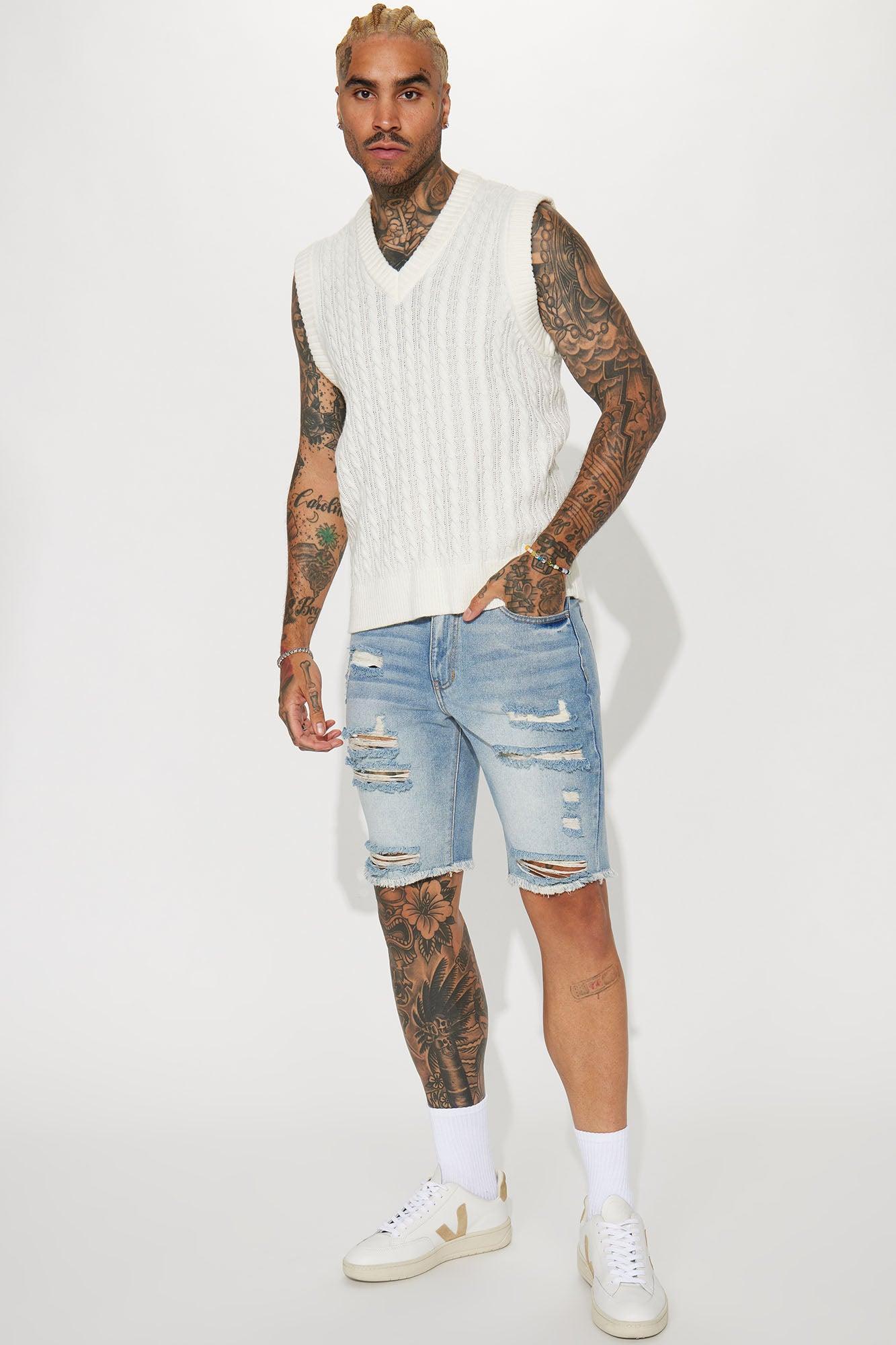 Back To It Distressed Raw Hem Slim Denim Shorts - Light Wash Product Image