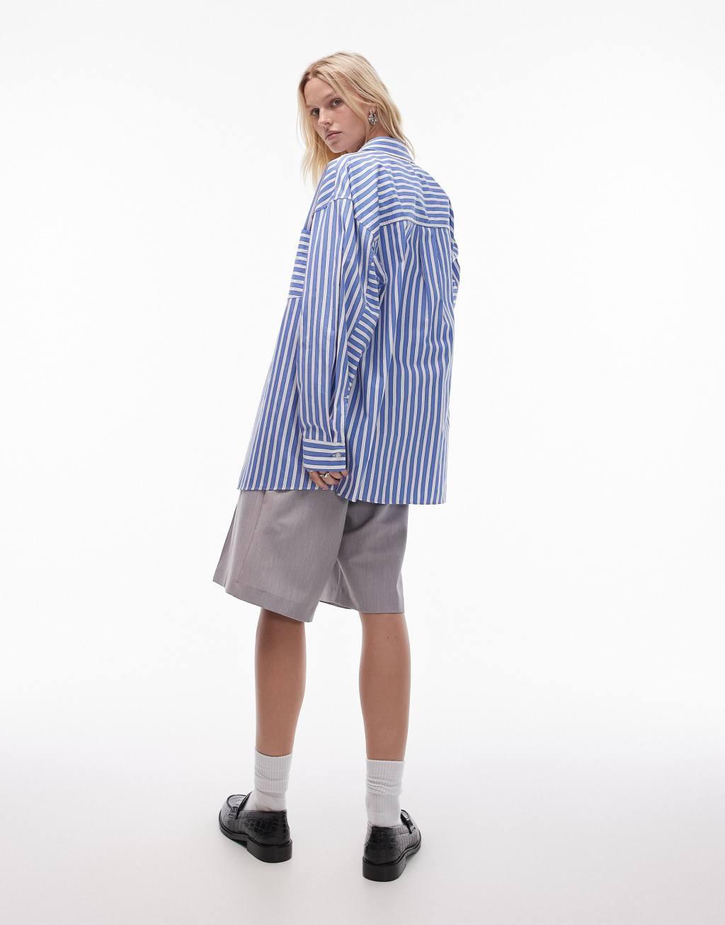 Topshop oversized shirt in blue wide stripe Product Image