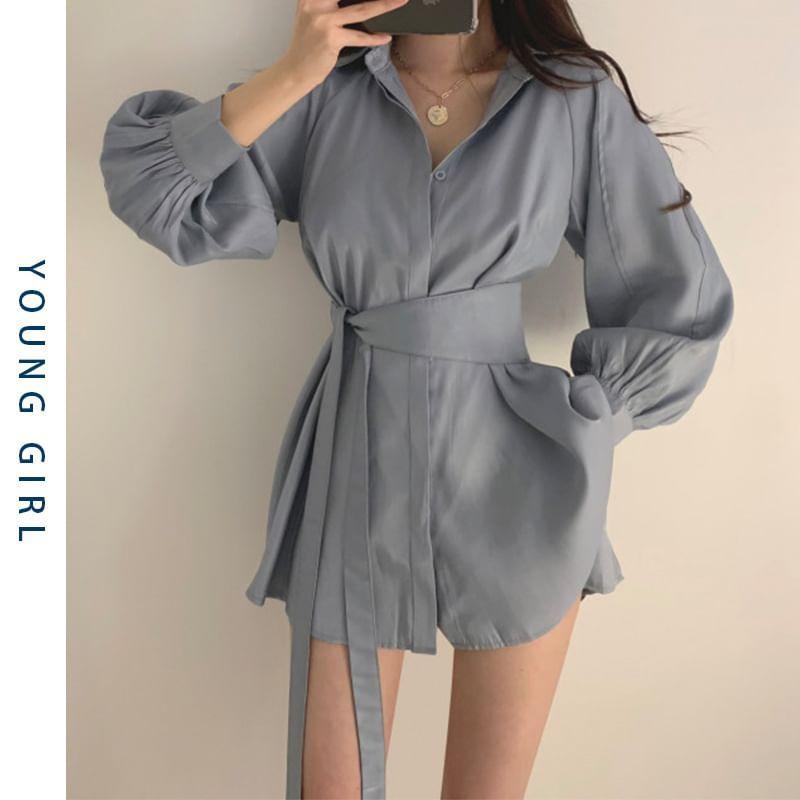 Set: Lantern-Sleeve Mini A-Line Shirtdress + Shorts Product Image