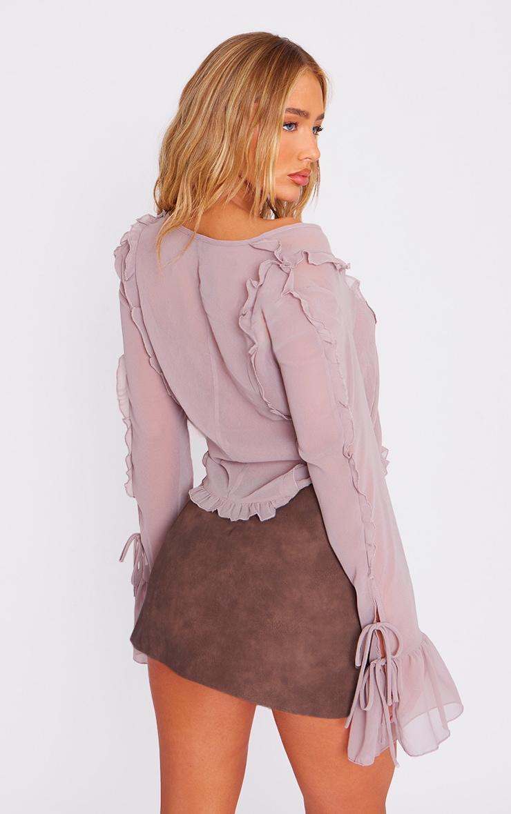 Taupe Chiffon Ruffle Detail Tie Middle Shirt Product Image