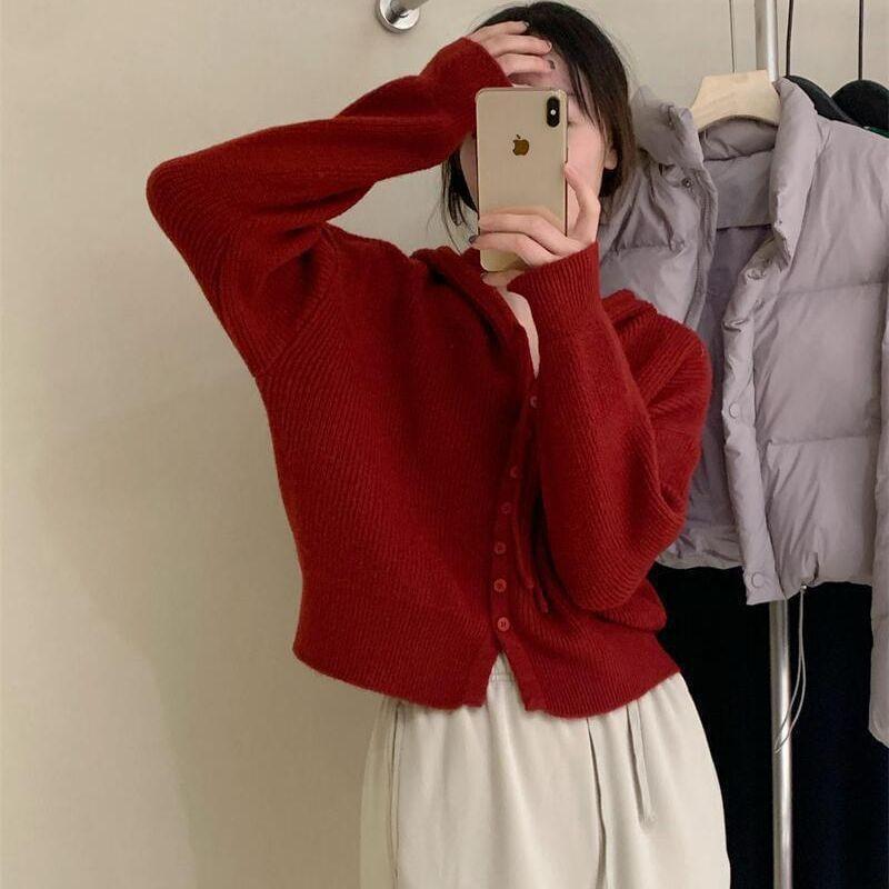 Plain Hooded Ribbed Cardigan Product Image