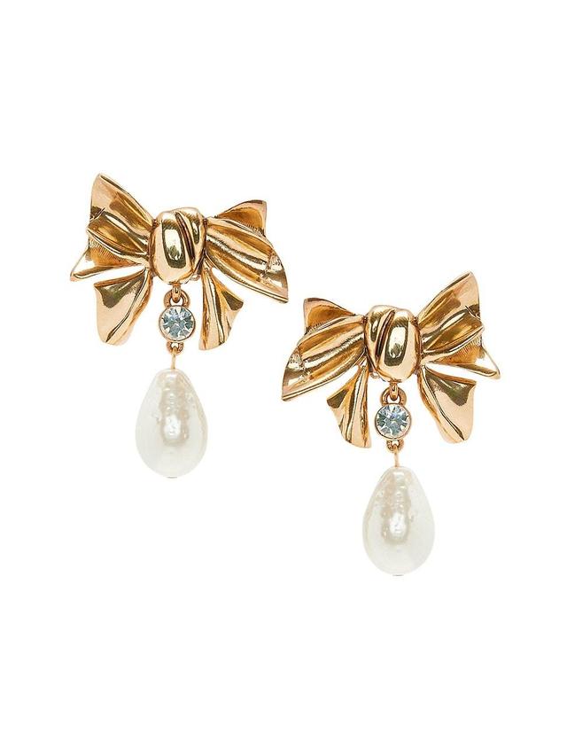 Womens Bow Goldtone Faux-Pearl & Glass Crystal Dangling Drop Earrings Product Image