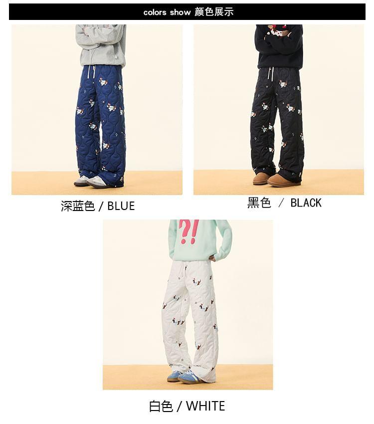 Drawstring Waist Dog Embroidered Quilted Fleece-Lined Wide Leg Pants Product Image