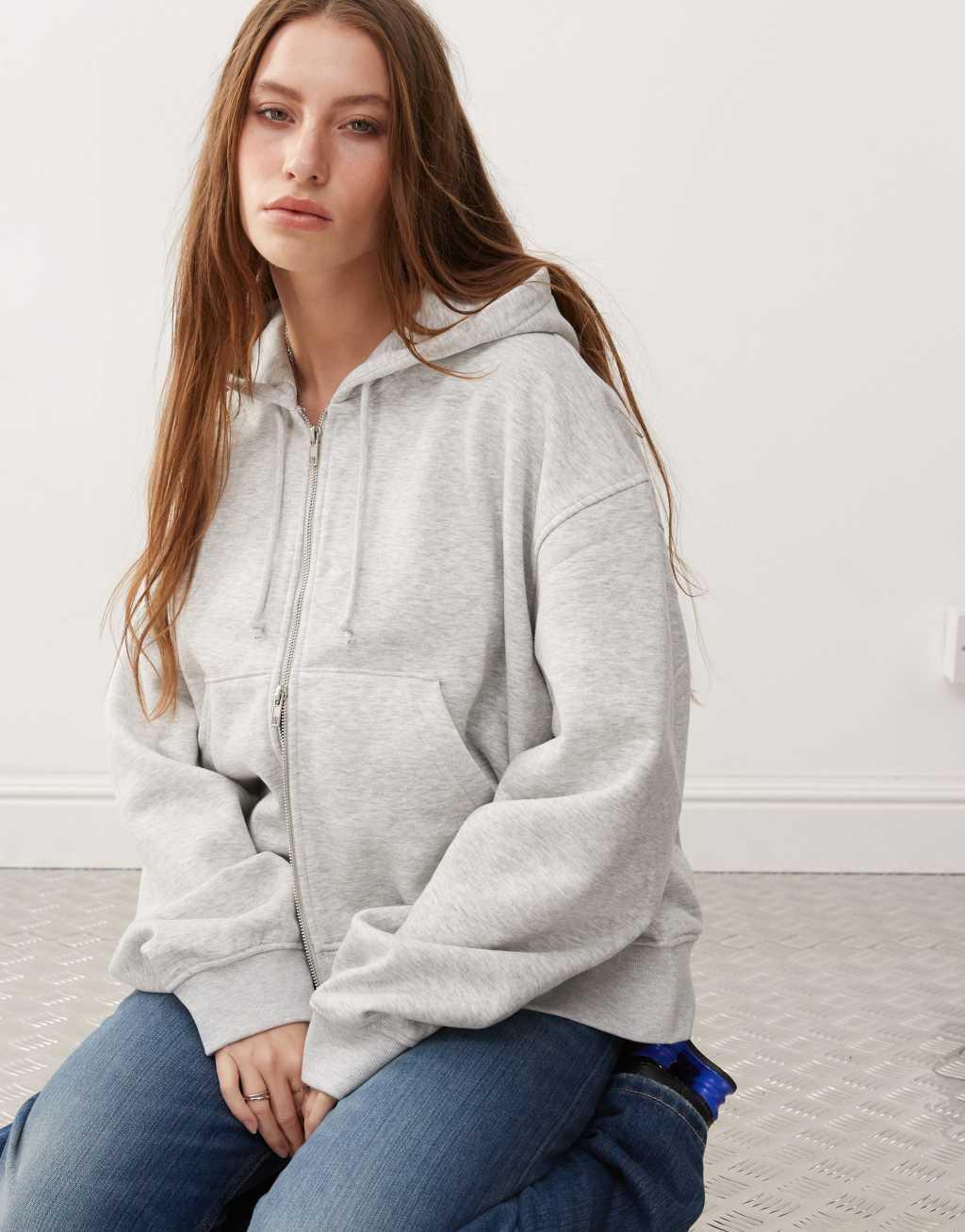 Weekday Essence boxy zip thru hoodie in gray Product Image