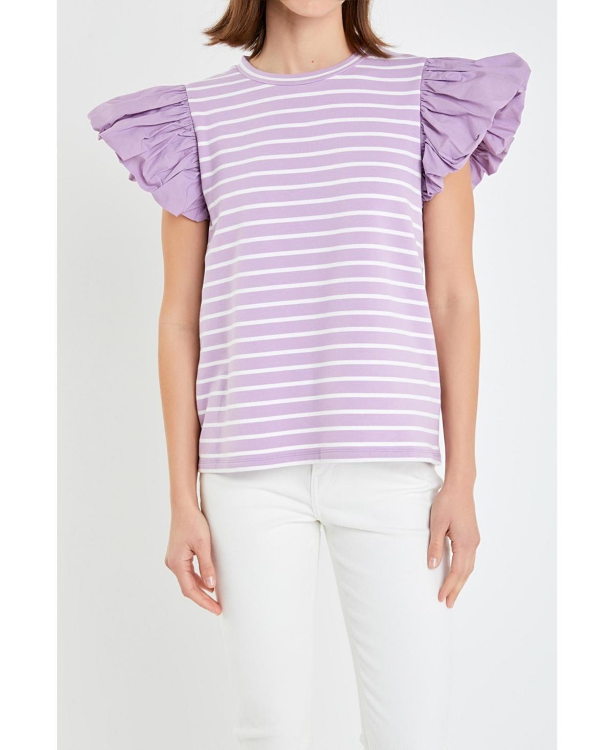 English Factory Mixed Media Stripe Ruffle Sleeve Top Product Image