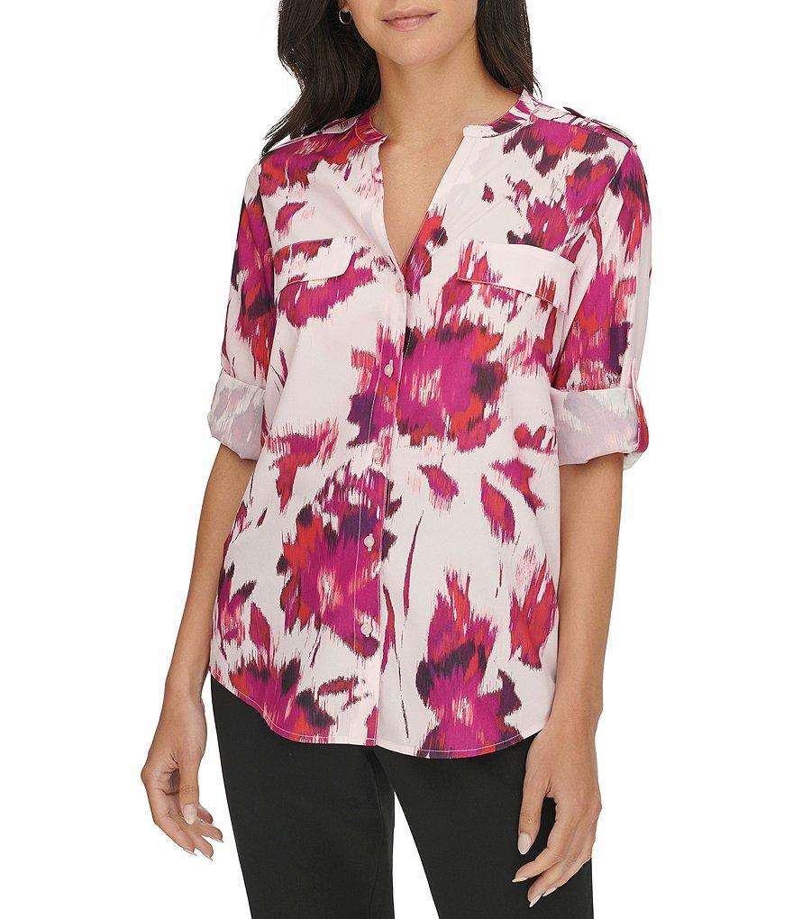 Calvin Klein Abstract Printed Chiffon Crew Neck Long Sleeve Top Product Image