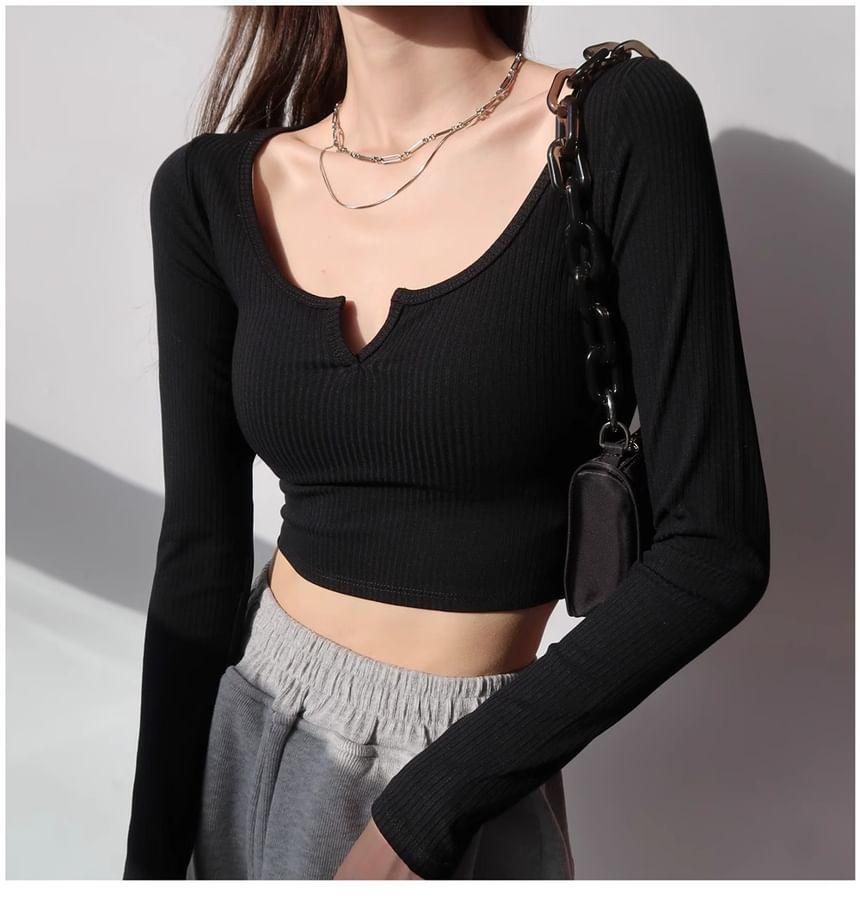 Long Sleeve Notch Neck Plain Crop T-Shirt Product Image