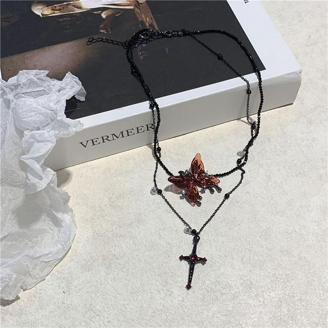 Butterfly Cross Beaded Layered Necklace Product Image