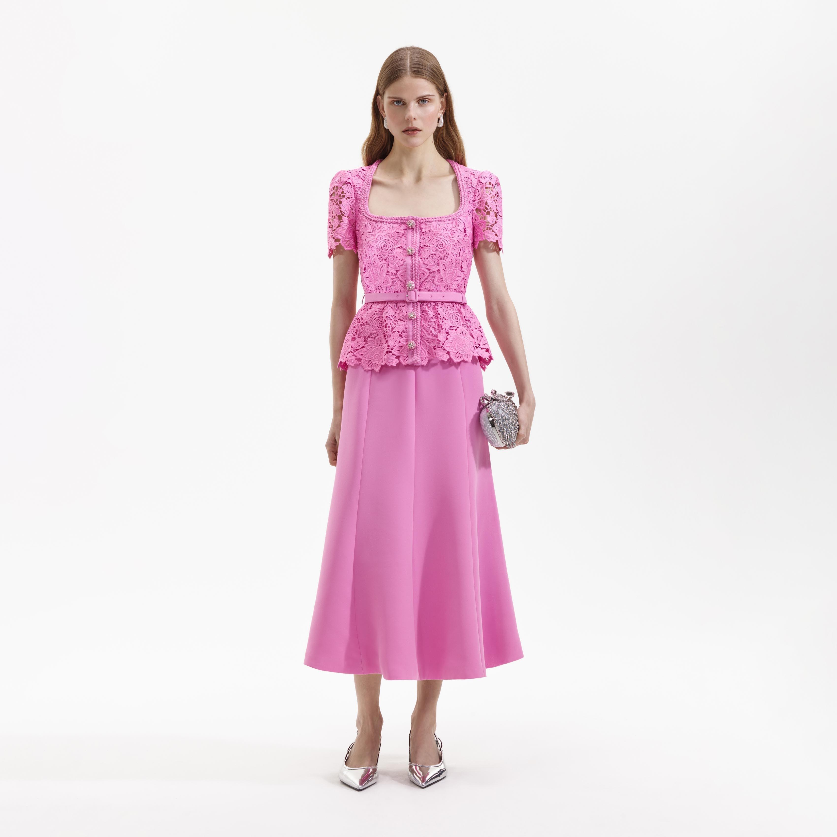 Pink Lace Tailored Midi Dress Product Image