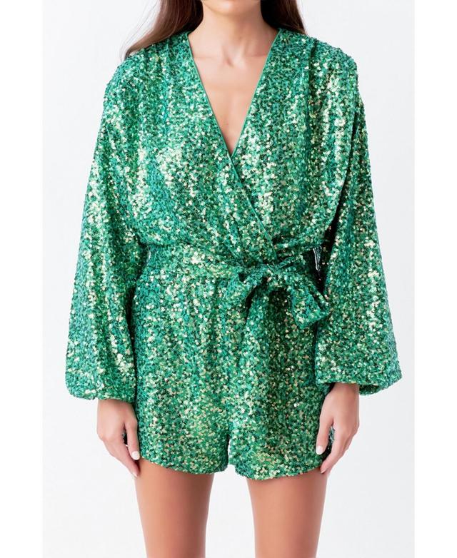 Womens Sequins Wrapped Romper with Belt Product Image