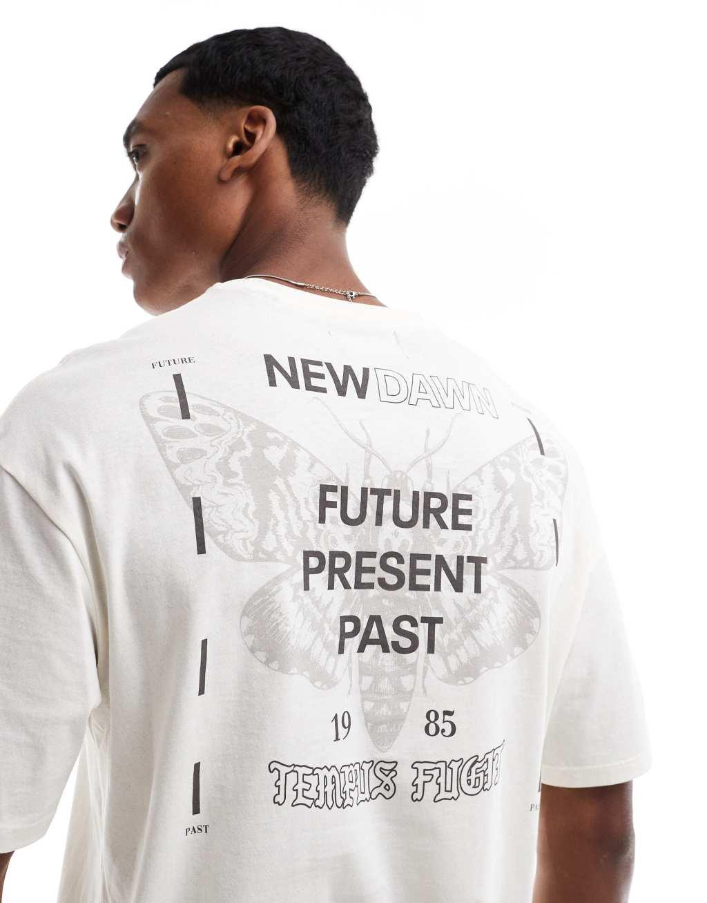 ADPT oversized T-shirt with butterfly text backprint in cream Product Image