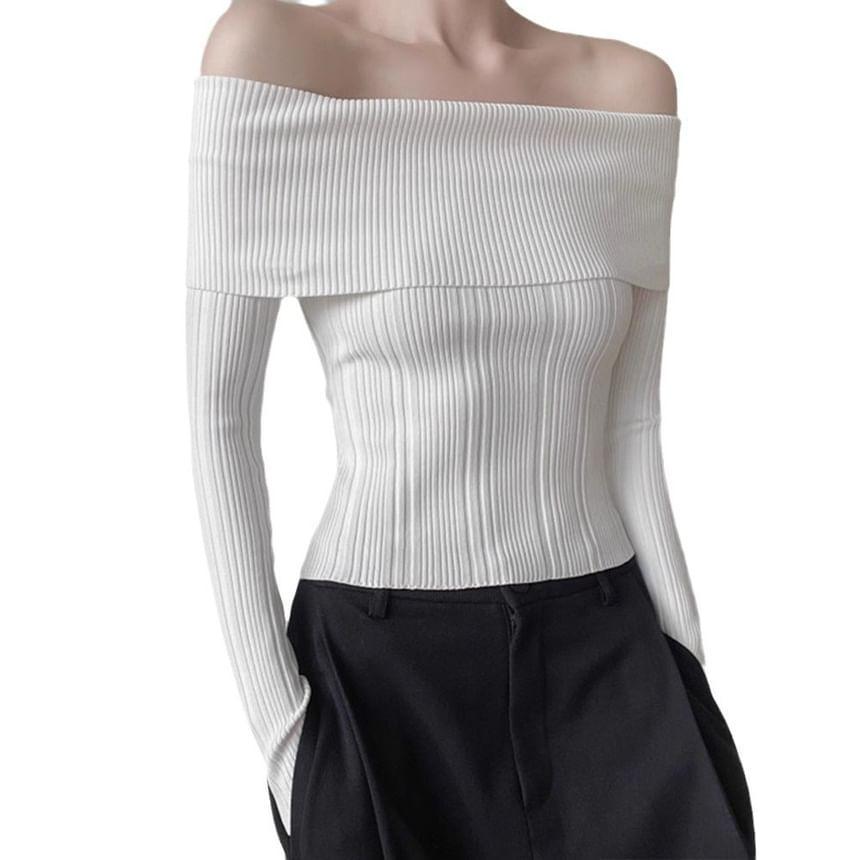 Long Sleeve Off Shoulder Plain Ribbed Knit Top Product Image