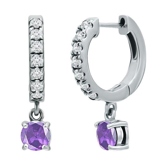 Aleure Precioso Sterling Silver Round with White Topaz Huggie Earrings, Womens, Silver Tone Purple Product Image