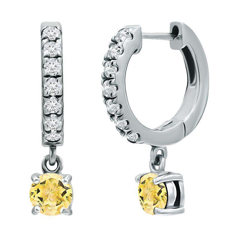 Aleure Precioso Sterling Silver Round with White Topaz Huggie Earrings, Womens, Silver Tone Yellow Product Image