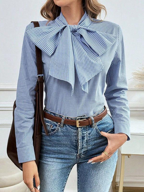 Long Sleeves Loose Bowknot Plaid V-Neck Blouses&Shirts Tops Product Image