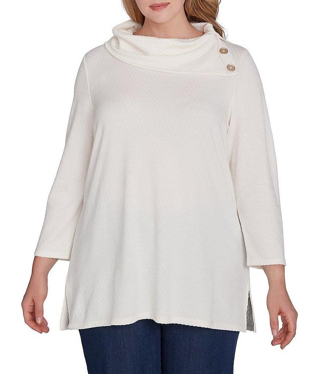 Ruby Rd. Plus Size Textured Knit Split Cowl Neck Bracelet Sleeve Side Slit Top Product Image