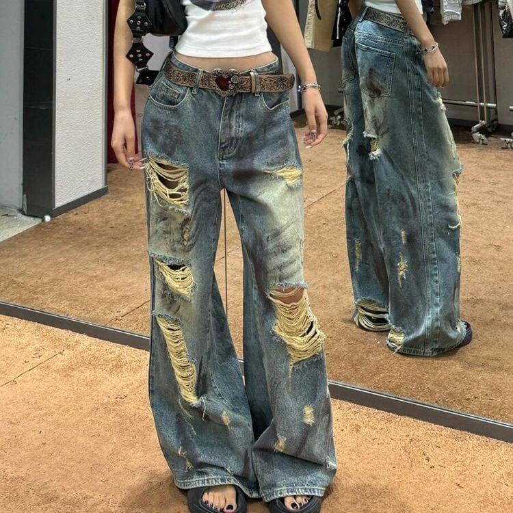 Low Rise Distressed Washed Wide Leg Jeans Product Image