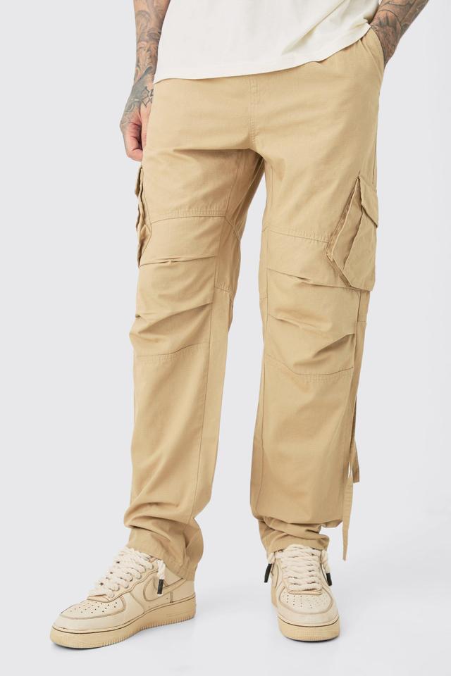 Mens Beige Tall Elasticated Waist Straight Washed Ripstop Cargo Trouser, Beige Product Image