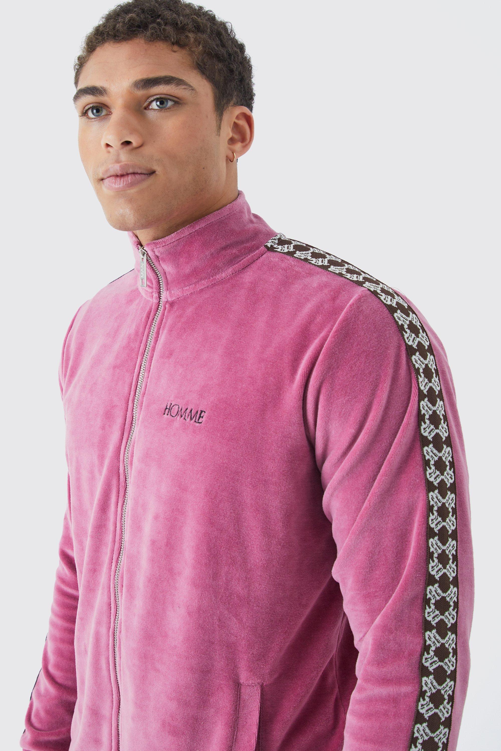 Velour Zip Through Jacquard Tape Track Top | boohooMAN USA Product Image