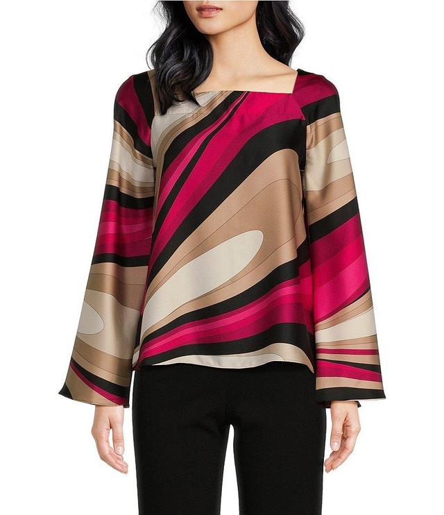 Trina Turk Torie Woven Satin Georgette Wynwood Wave Print Square Neck Long Raglan Sleeve Top Product Image