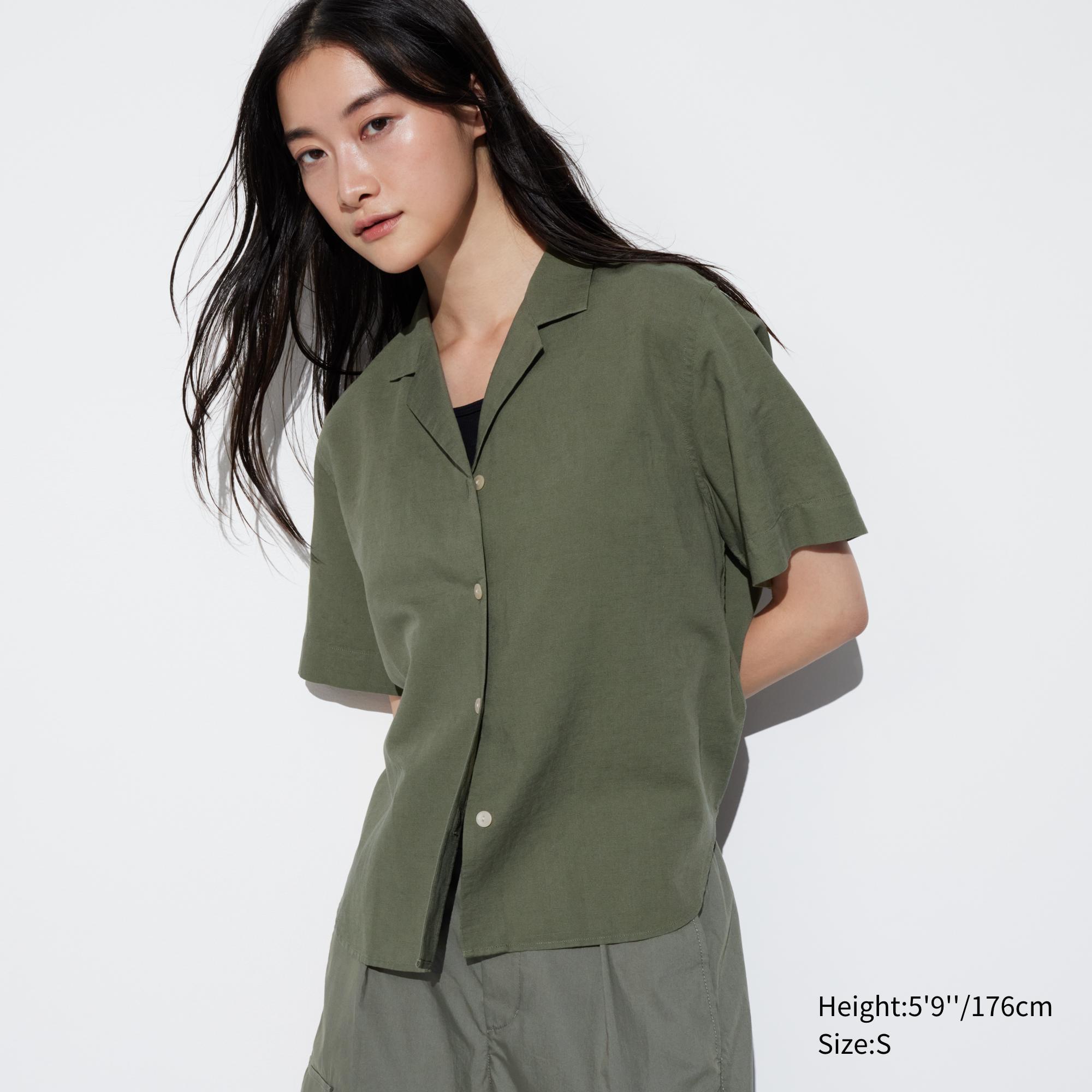 Womens Linen Blend Open Collar Short-Sleeve Shirt Olive Large UNIQLO US product image