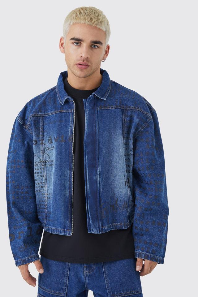 Boxy Fit All Over Text Laser Print Jean Jackets | boohooMAN USA Product Image