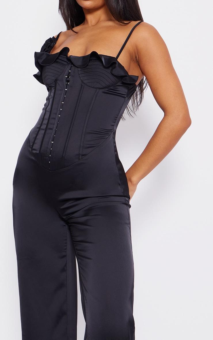 Black Satin Corsage Corset Strappy Jumpsuit Product Image