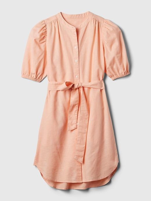 Linen-Cotton Puff-Sleeve Mini Shirtdress Product Image