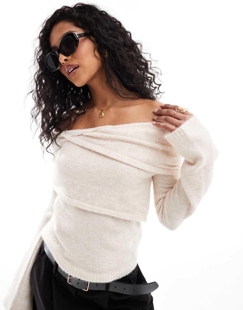 ASOS DESIGN knit asymmetric off the shoulder top in cream Product Image