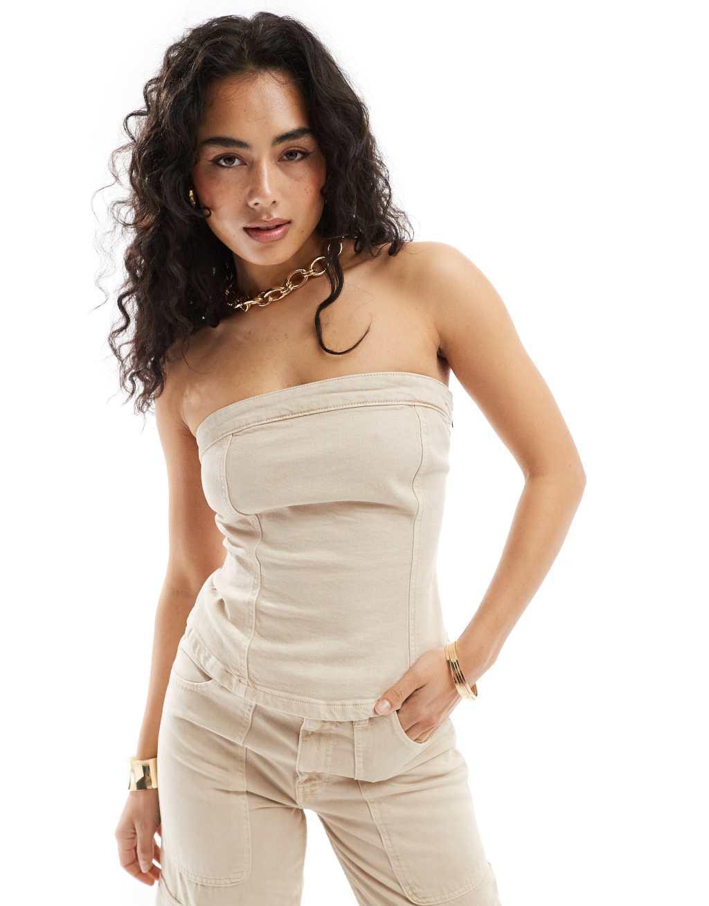 Mango bandeau denim top in light beige - part of a set Product Image