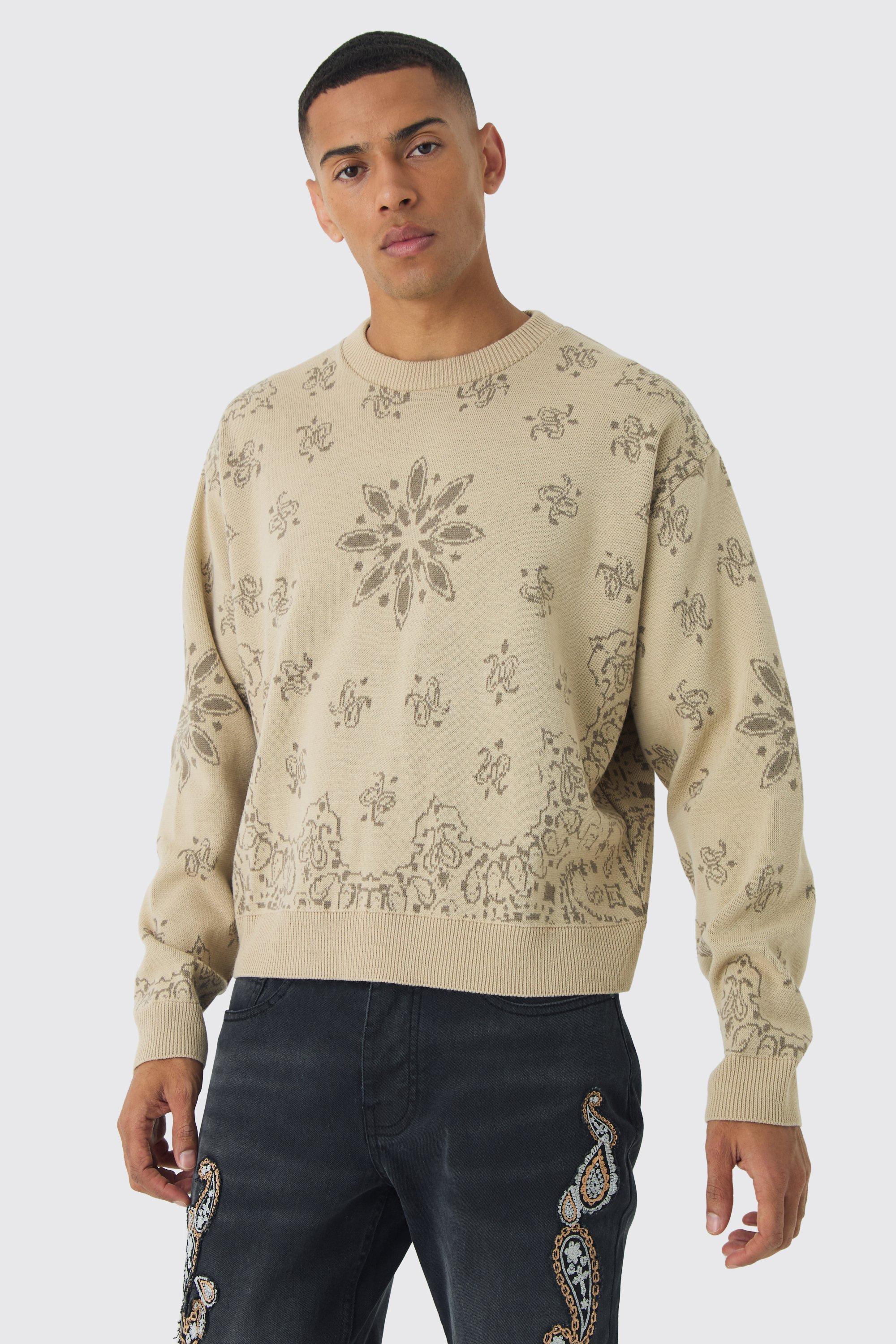 Oversized Boxy Bandana Print Knitted Sweater | boohooMAN USA Product Image