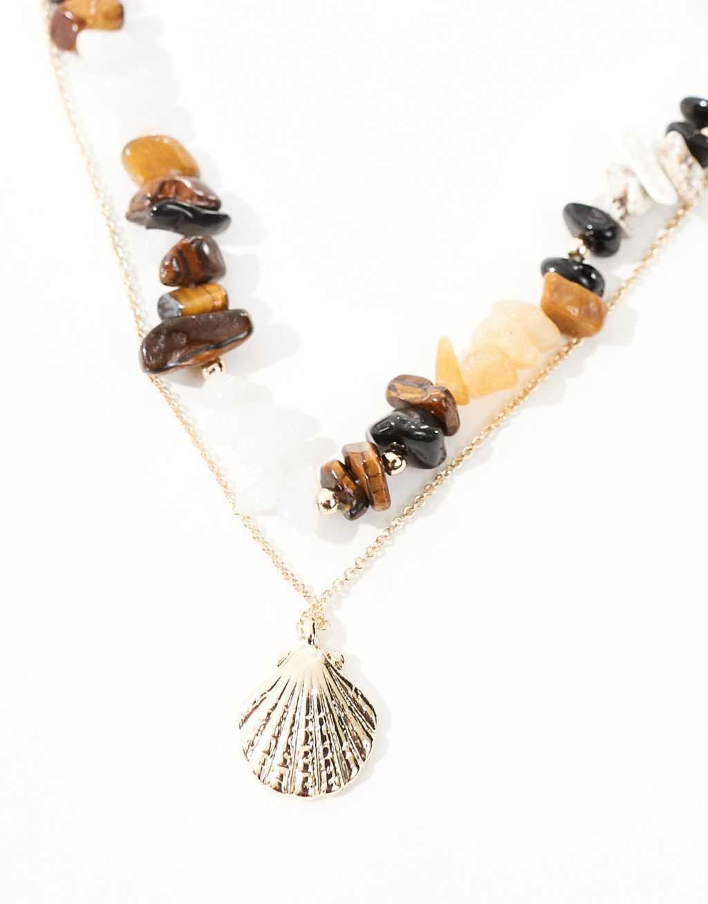 ASOS DESIGN pack of 2 necklaces with real semi precious stone and shell pendant in gold tone Product Image