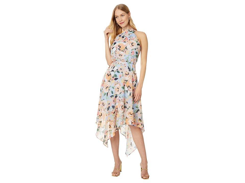 Vince Camuto Metallic Floral Asymmetric Hem Chiffon Dress Product Image