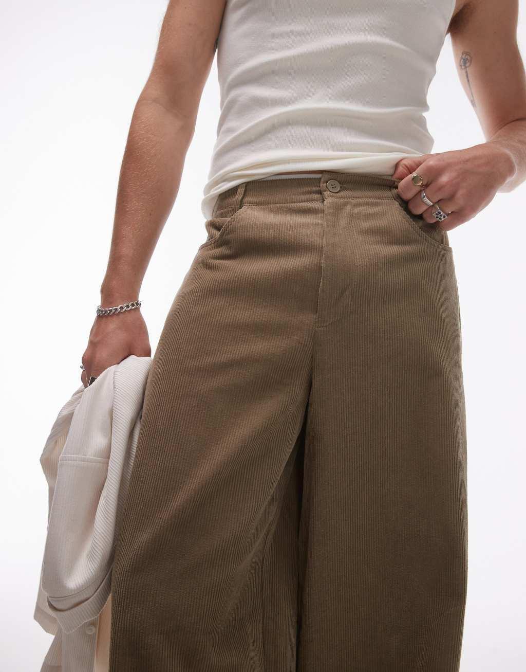 Topman wide leg cord pants in stone Product Image