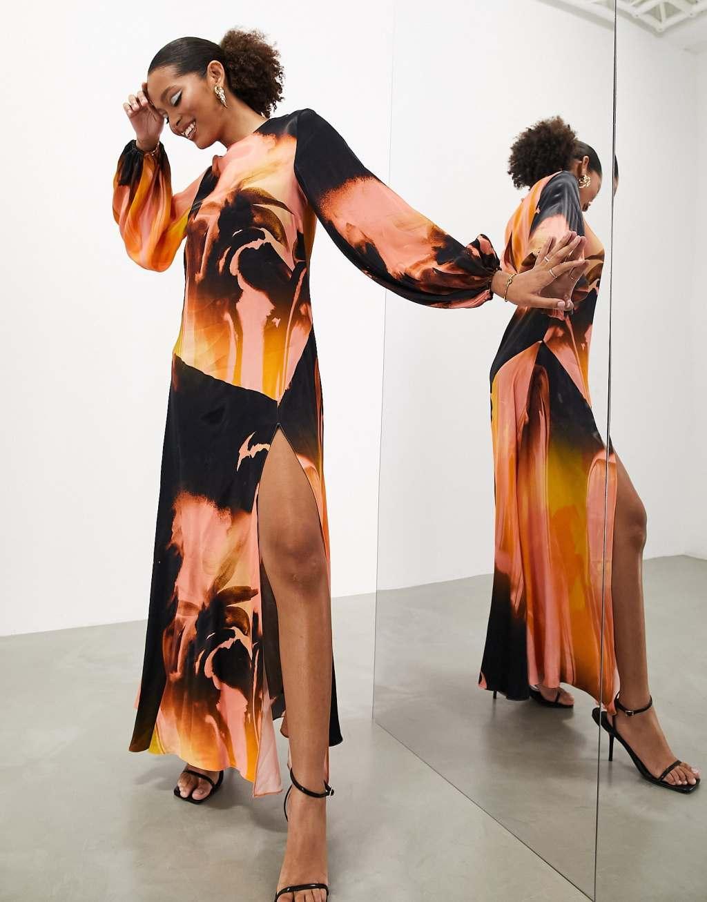 ASOS EDITION satin long sleeve maxi dress with split in abstract paint print Product Image