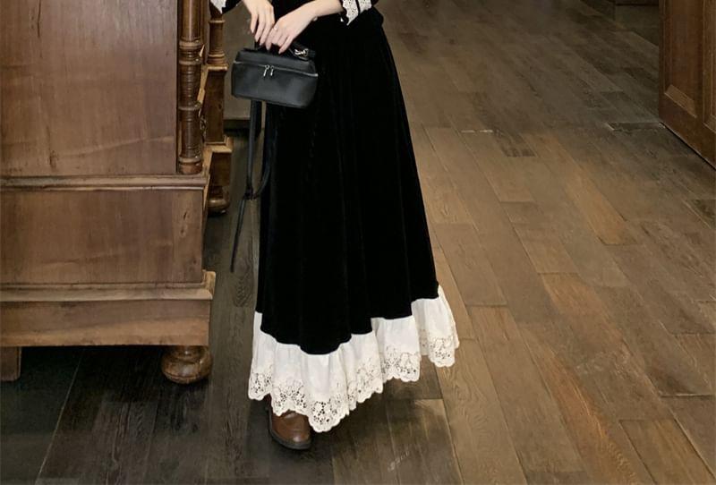 Long-Sleeve Ruffle Collar Two Tone Lace Panel Button-Up Velvet Crop Blouse / High Waist Maxi A-Line Skirt / Belt / Set Product Image