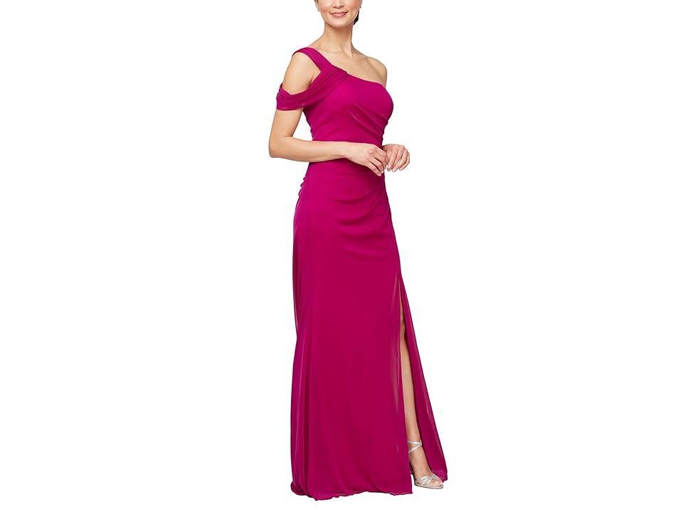 Alex Evenings Long Mesh with One Cold Shoulder Sleeve (Magenta) Women's Dress Product Image