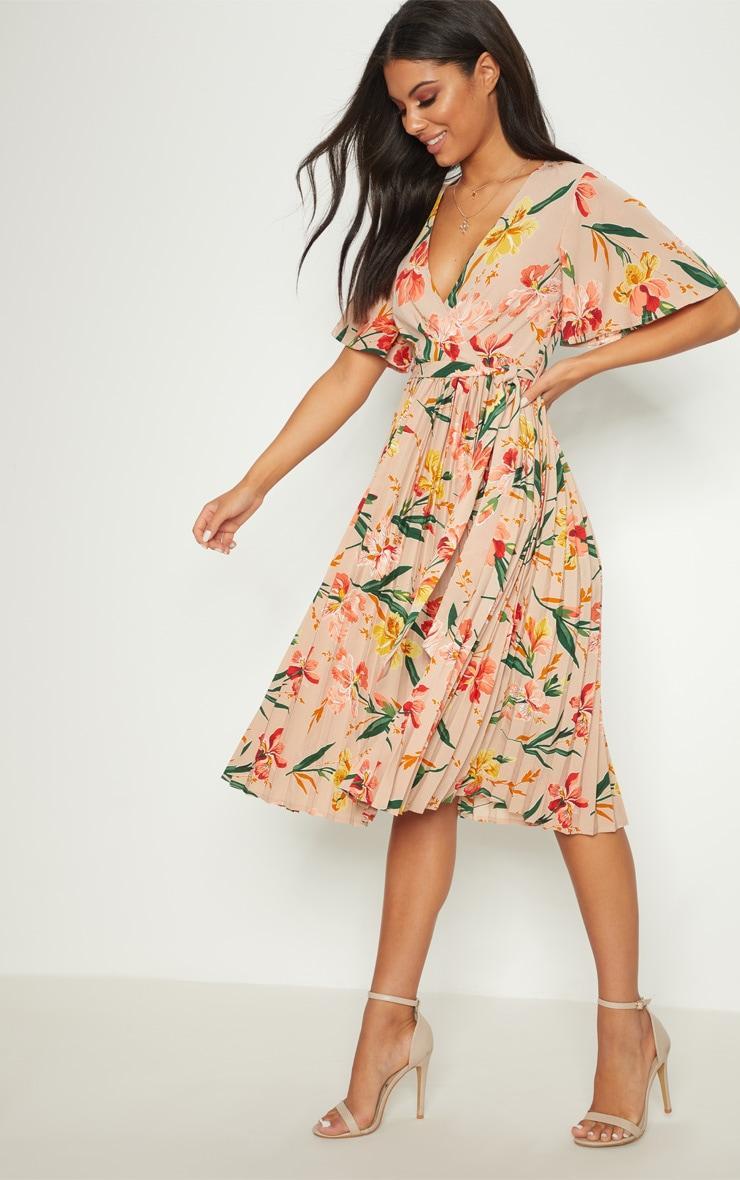 Pink Pleated Floral Midi Dress Product Image