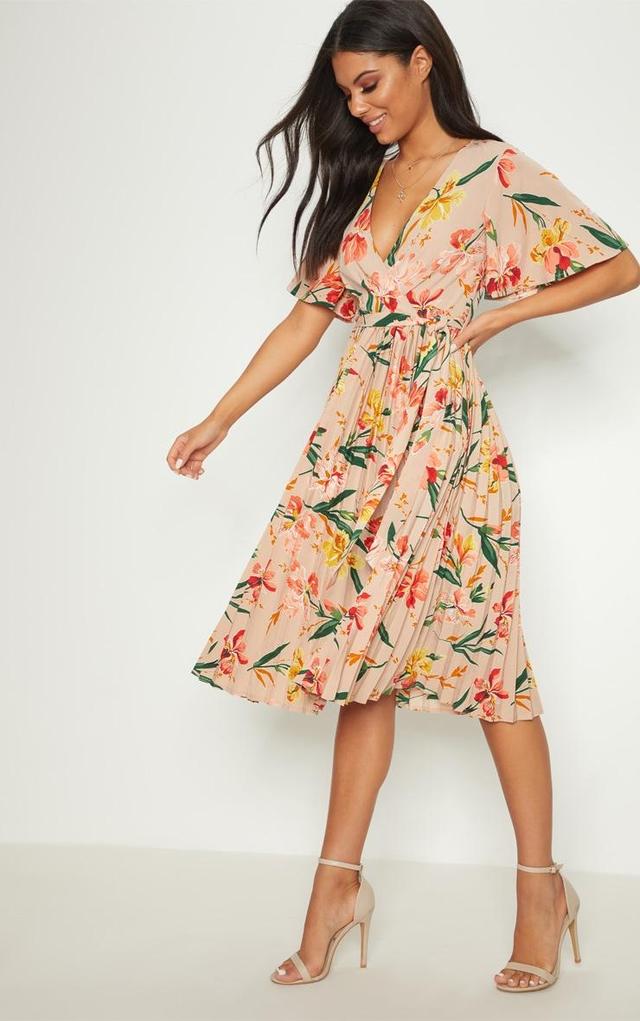 Pink Pleated Floral Midi Dress Product Image