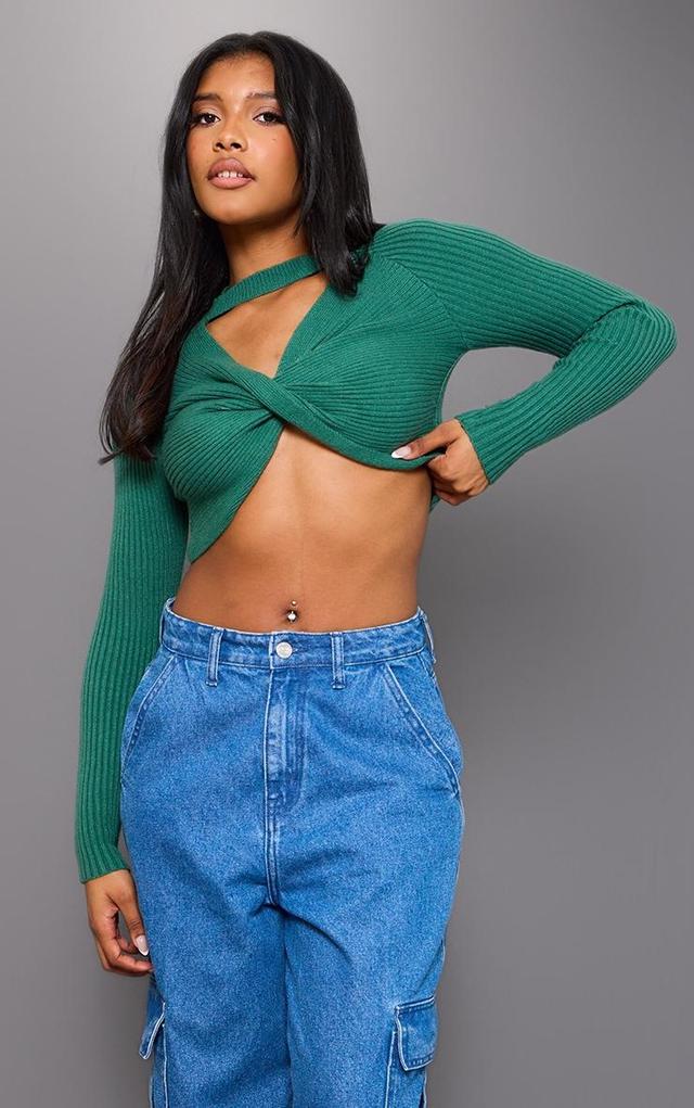 Khaki Soft Rib Knit Front Twist Crop Top Product Image