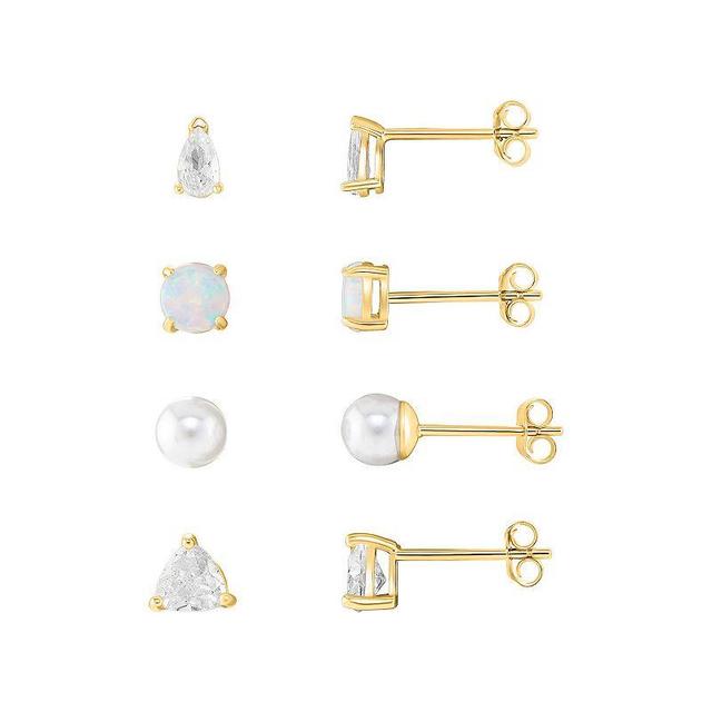 PRIMROSE 18k Gold Plated Cubic Zirconia, Opal & Simulated Pearl 4-Piece Stud Earring Set, Womens, Yellow Product Image