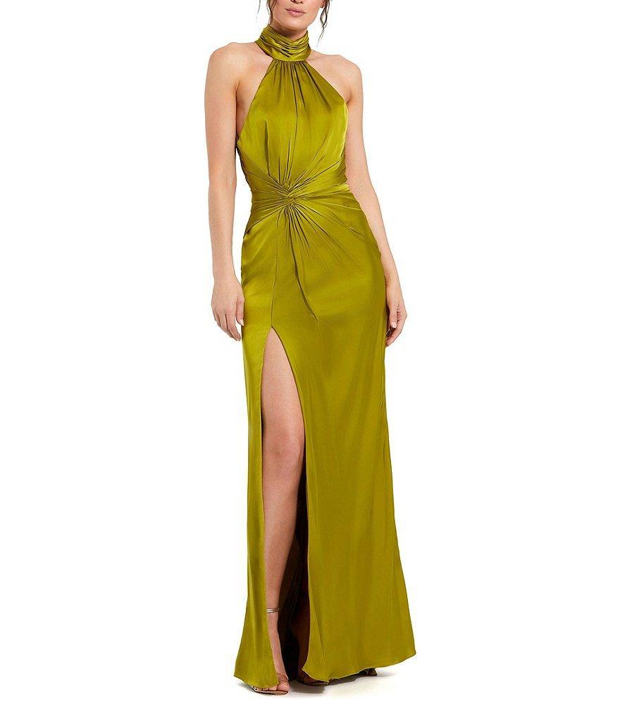 Mac Duggal Satin Halter Mock Neck Sleeveless Side Ruched Gown Product Image