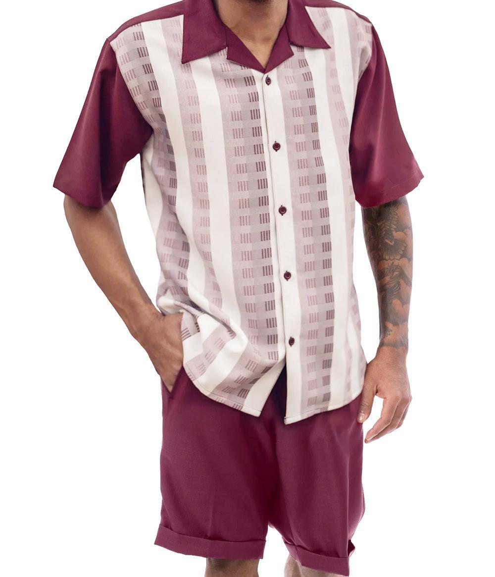 Burgundy Color Striped Walking Suit 2 Piece Short Sleeve Set with Shorts Product Image