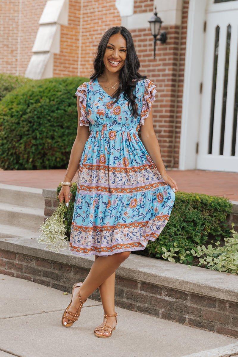 Blue Multi Border Print Pleated Midi Dress - FINAL SALE Female Product Image