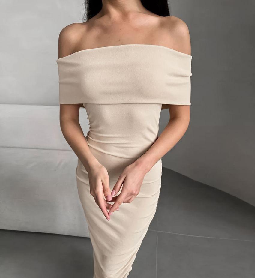 Short-Sleeve Off Shoulder Plain Maxi Sheath Dress Product Image