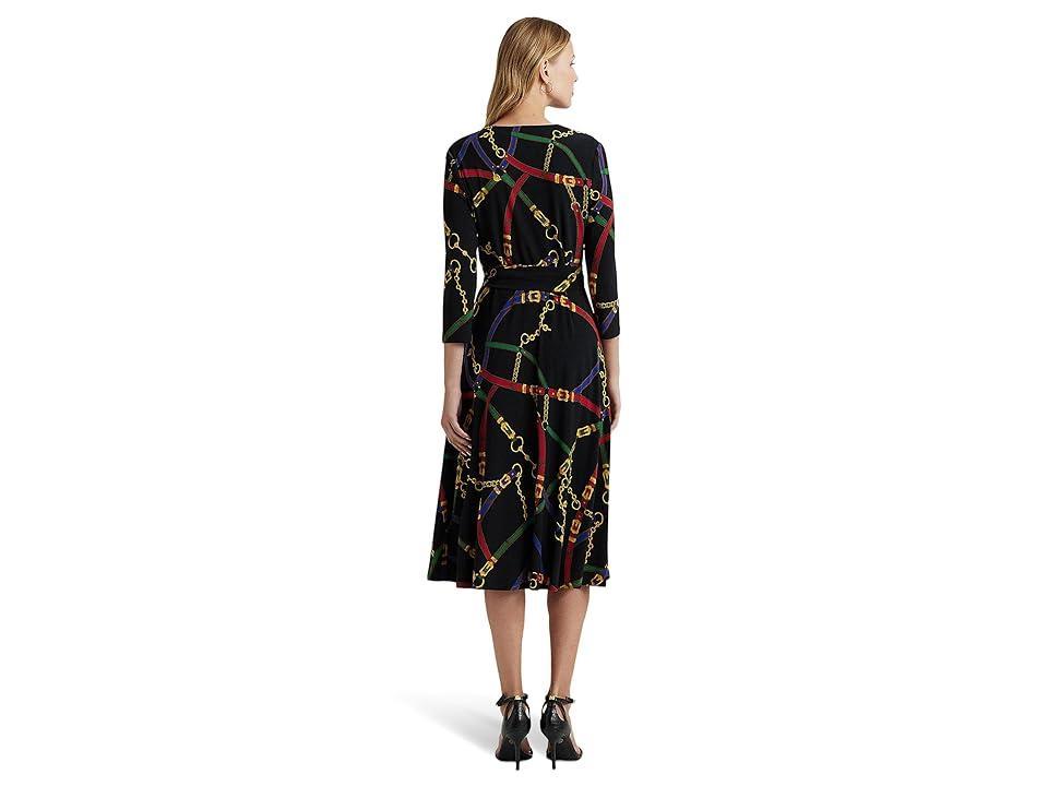 LAUREN Ralph Lauren Belting-Print Surplice Jersey Dress (Black/Blue ) Women's Dress Product Image