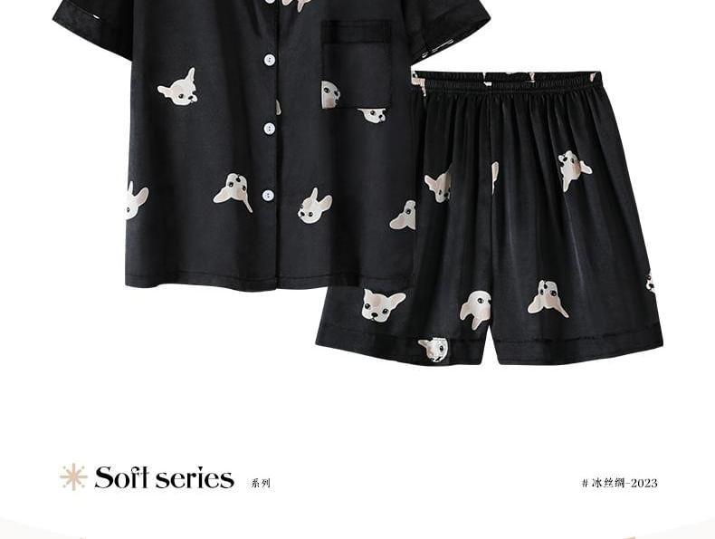 Couple Matching Short-Sleeve Collared Dog Print Button Pajama Top / Elastic Waist Shorts / Straight Leg Pants / Set Product Image