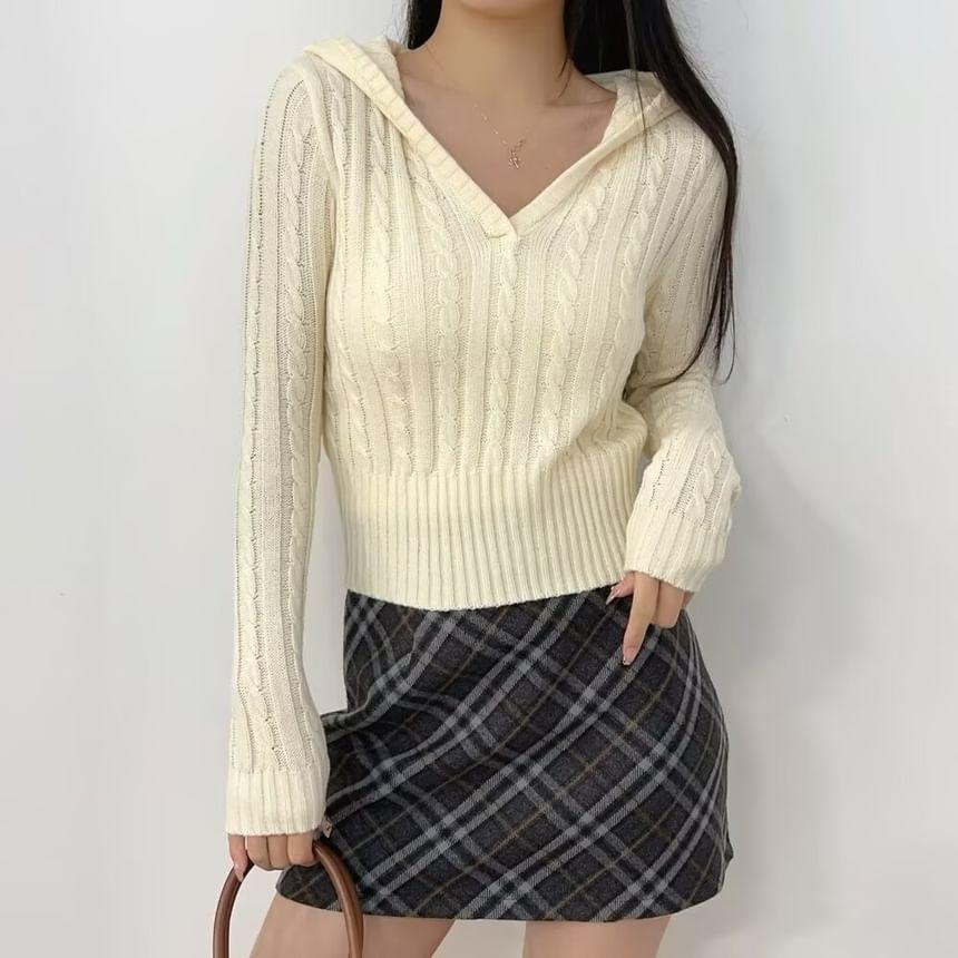 Hooded V-Neck Plain Cable Knit Cropped Sweater Product Image